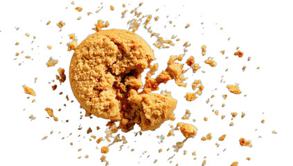 A single round golden-brown cookie, partially eaten, with crumbs scattered on black