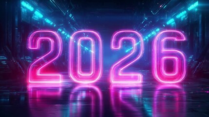 Neon glowing digits 2026 in vibrant colors illuminate a futuristic setting, creating a captivating atmosphere for New Year countdown celebrations with holographic effects - Powered by Adobe