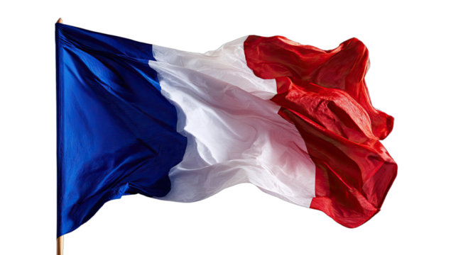 A cloth national symbol billows in the wind, with vibrant stripes of blue, white, and red