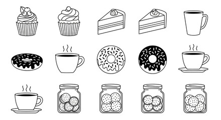 Sweet desserts and hot beverages outline vector illustration kit
