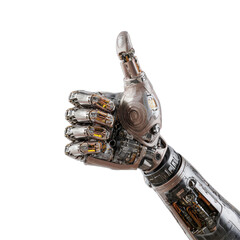 Realistic metallic robotic hand giving a positive thumbs-up gesture