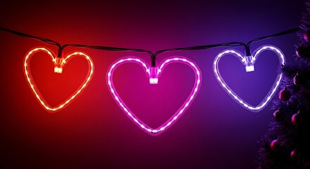 A string of heart shaped lights in red, pink, and purple colors, hanging against a dark background for a romantic holiday