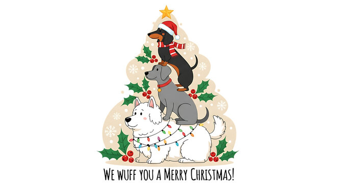 Three cute dog breed stack forming a christmas tree isolated on transparent background