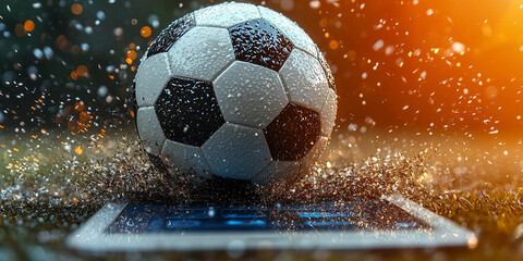 Naklejka premium Soccer ball jumps from digital betting platform Generative AI