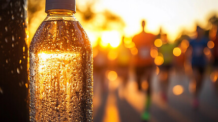 Close-up of a water bottle at a sunset marathon Generative AI