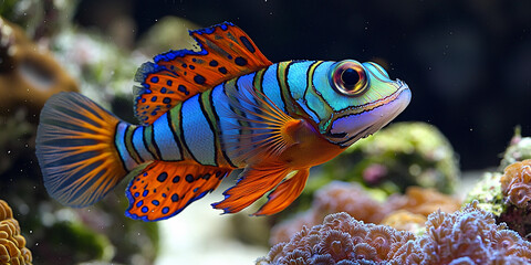 Obraz premium Colorful mandarin fish swimming through coral reef Generative AI