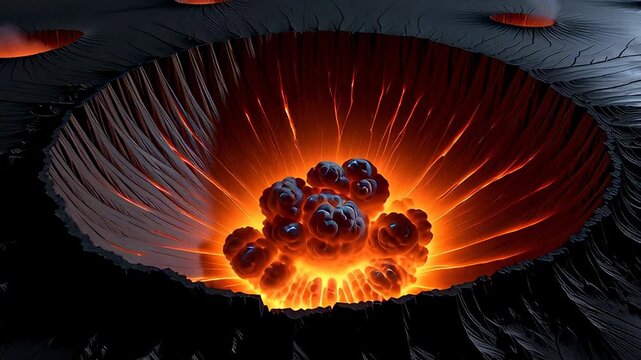 Massive burning crater emitting orange fire and smoke on a dark alien landscape in a cinematic 3D animation, depicting a volcanic hellscape background.