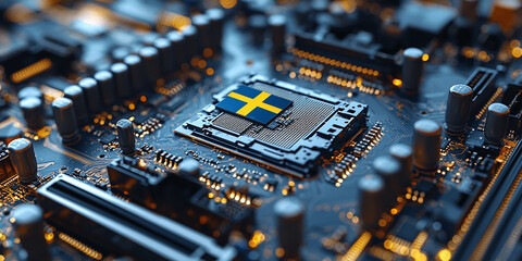 Close-up view of a microchip on a motherboard with design Generative AI