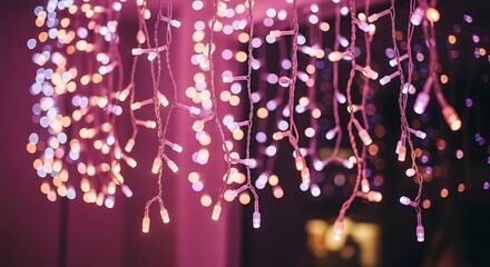 Closeup of illuminated fairy lights hanging down, creating a warm and festive atmosphere with bokeh effect and soft glow
