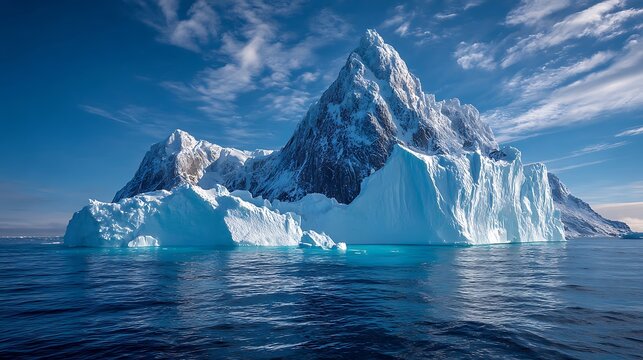 A towering iceberg, sculpted by time and the elements, rises majestically from the icy waters of antarctica, its snowcapped peak piercing the clear blue sky