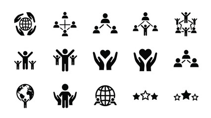 Community Connection and Network Icon Set. Vector glyphs illustrating teamwork, global care, organizational structure, social responsibility, and rating symbols.
