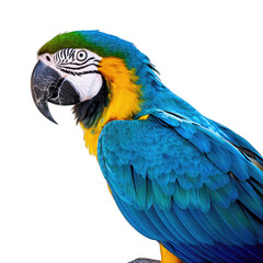 Fototapeta premium Blue and Yellow Macaw Parrot Side Profile Portrait Isolated on Black Background Vivid Blue Feathers Yellow Chest Striking Detail