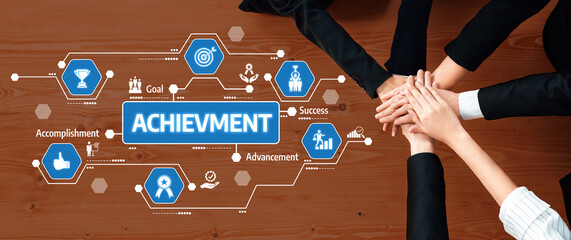 A dynamic scene capturing hands joining together, symbolizing teamwork and shared achievement in a professional setting. Icons highlight goals, success, and progress. Amity
