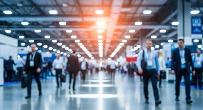 Blurred business people moving through a vibrant conference hall