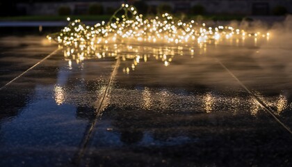 A string of warm, glowing fairy lights rests on a wet, reflective dark surface at night, creating a magical atmosphere.