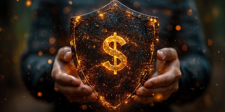 Man protects finances with glowing shield featuring dollar sign Generative AI - Powered by Adobe