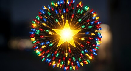 A festive starburst of colorful christmas lights glows brightly, creating a magical and enchanting holiday atmosphere indoors