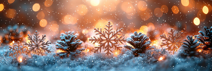 Winter holiday scene with snowflakes and pine cones Generative AI