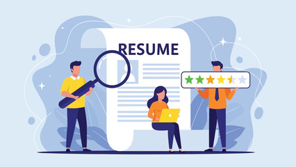 Resume Evaluation and Job Rating Concept Vector Illustration. HR Professionals Reviewing Candidate Qualifications and Giving a Star Rating Score