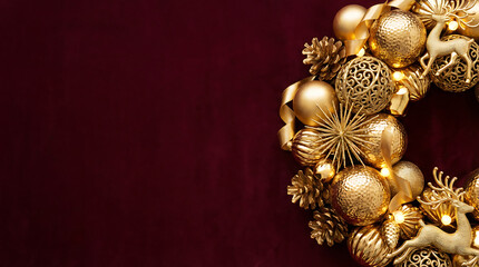 Elegant gold Christmas wreath with ornaments, deer, pine cones, and lights