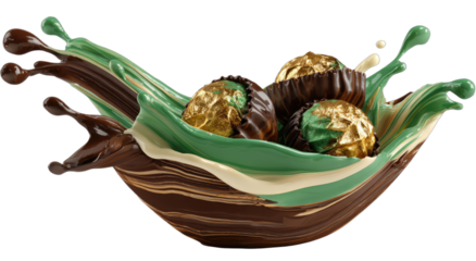 Delicious chocolate candies splashing in a swirling, layered liquid dessert