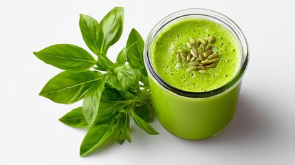 Fresh green smoothie in a glass jar, garnished with seeds and surrounded by vibrant basil leaves, showcasing healthy lifestyle choices and nutritious ingredients for wellness
