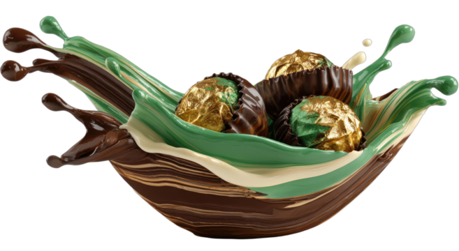 Delicious chocolate candies splashing in a swirling, layered liquid dessert