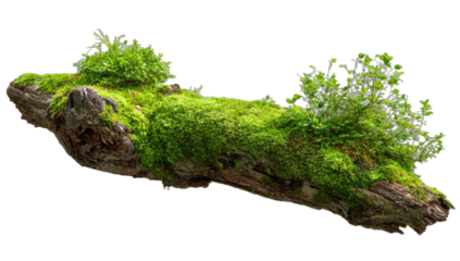 A moss-covered log with lush green vegetation sprouting