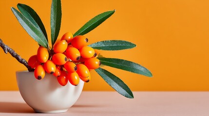 Vibrant orange berries with green leaves arranged in a minimalist white bowl against a bright orange background, showcasing natural beauty and modern decor aesthetics