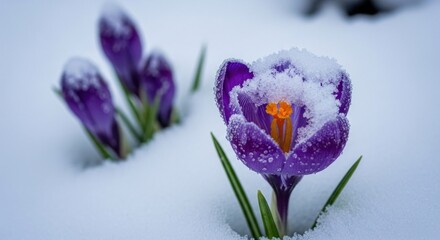 Purple crocuses with snow on them, in a snowy setting with green leaves and stems.
