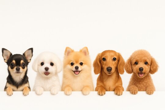 小型犬の集合ポートレート チワワ マルチーズ ポメラニアン ダックス トイプードル/Row of Cute Small Dogs Peeking Over a White Background