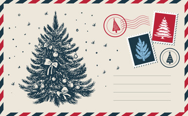 Christmas postcard with tree, New Year card	
