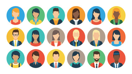 Diverse People Avatars Icon Set. Flat Vector Illustration of Various Male and Female Users, Staff, and Professional Figures in Colorful Circles.