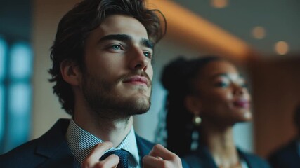 corporate readiness moment, confident young professionals before interview, elegant modern setting, soft lighting contrast, attention to clothing texture.