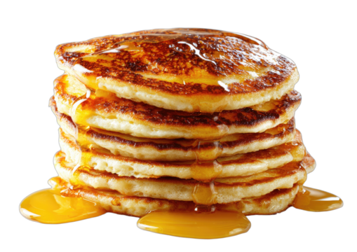 Close-up of golden stack of fluffy, freshly cooked breakfast cakes drizzled with honey