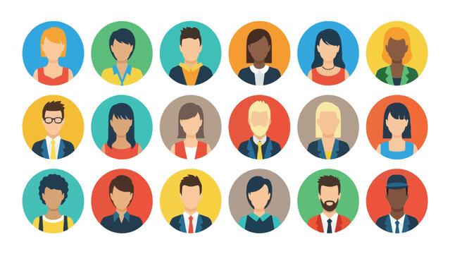 Diverse People Avatars Icon Set. Flat Vector Illustration of Various Male and Female Users, Staff, and Professional Figures in Colorful Circles.