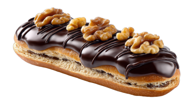 Decadent chocolate eclair topped with walnuts and chocolate drizzle