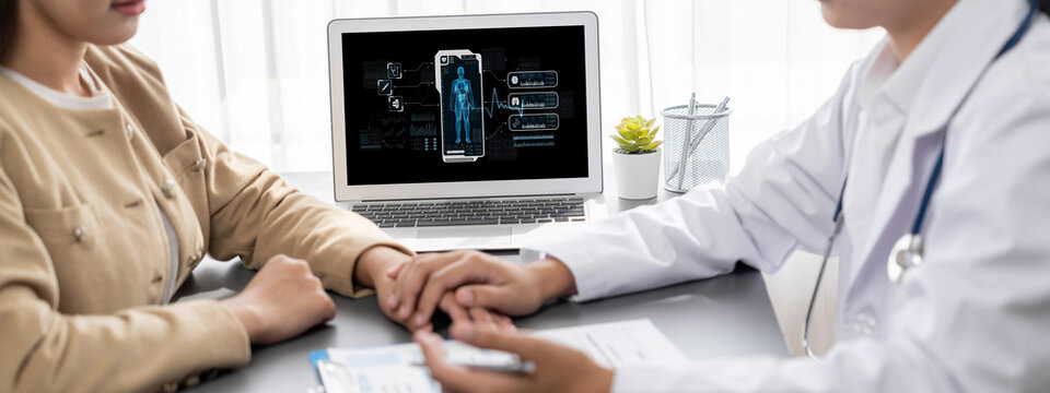 Medical science technology and futuristic healthcare virtual computer software analyze human health and diagnose disease for doctor data and medical research. brisk