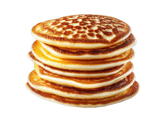 Stack of golden-brown pancakes, freshly cooked, and stacked high against a transparent background