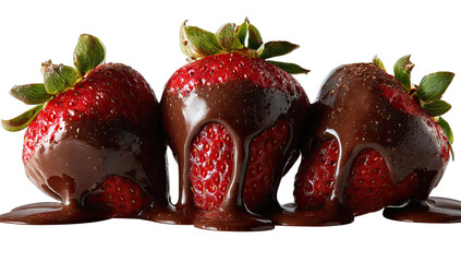 Three ripe red strawberries covered in rich melted chocolate sauce on black