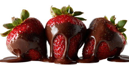 Three ripe red strawberries covered in rich melted chocolate sauce on black