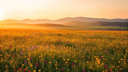 A meadow of wildflowers glowing in the sunset