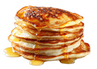 Stack of golden brown, fluffy breakfast cakes dripping with sweet, amber-colored syrup