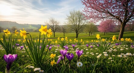 A vibrant spring landscape with blooming daffodils, crocuses, and cherry blossoms, set against a serene, hilly backdrop under a clear blue sky.