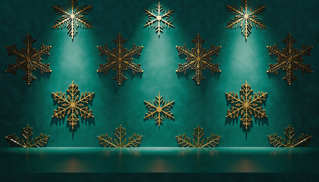 Golden snowflakes on emerald backdrop create elegant winter holiday atmosphere
