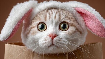 Adorable feline wearing fluffy bunny ears, peeking out from a cardboard box, showcasing playful expression and charming features in a whimsical setting perfect for seasonal celebrations