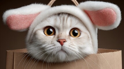 Adorable fluffy cat wearing a cute bunny hat, peeking out from a brown paper bag, showcasing playful expression and charming features in a whimsical setting