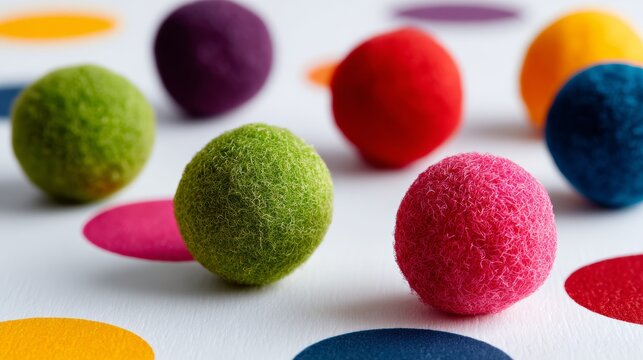 Colorful felt balls in vibrant hues scattered across a white background with circular paper cutouts, creating a playful and artistic atmosphere for creative projects and design inspiration