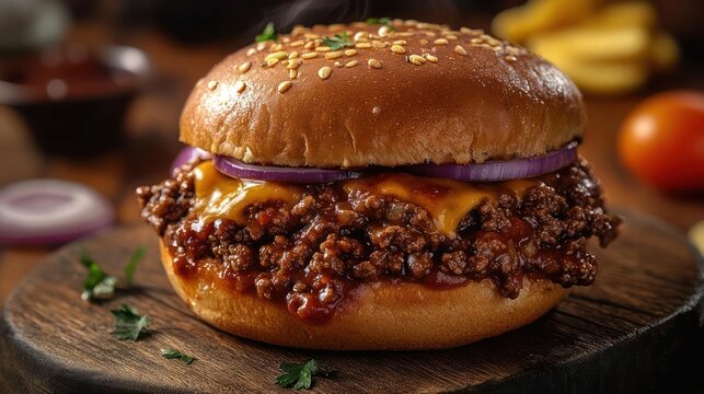 A close-up of a sloppy joe sandwich on a wooden cutting board.