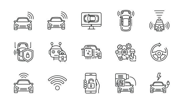 Autonomous Vehicle Technology and Smart Car Line Icon Set